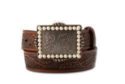 Angel Ranch Girl's Belt 1 1/4" Floral Embossed White Stone Buckle Brown