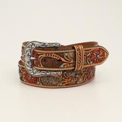 Ariat Ladies Belt 1 1/2 Calf Hair Underlay Red Flower Tan