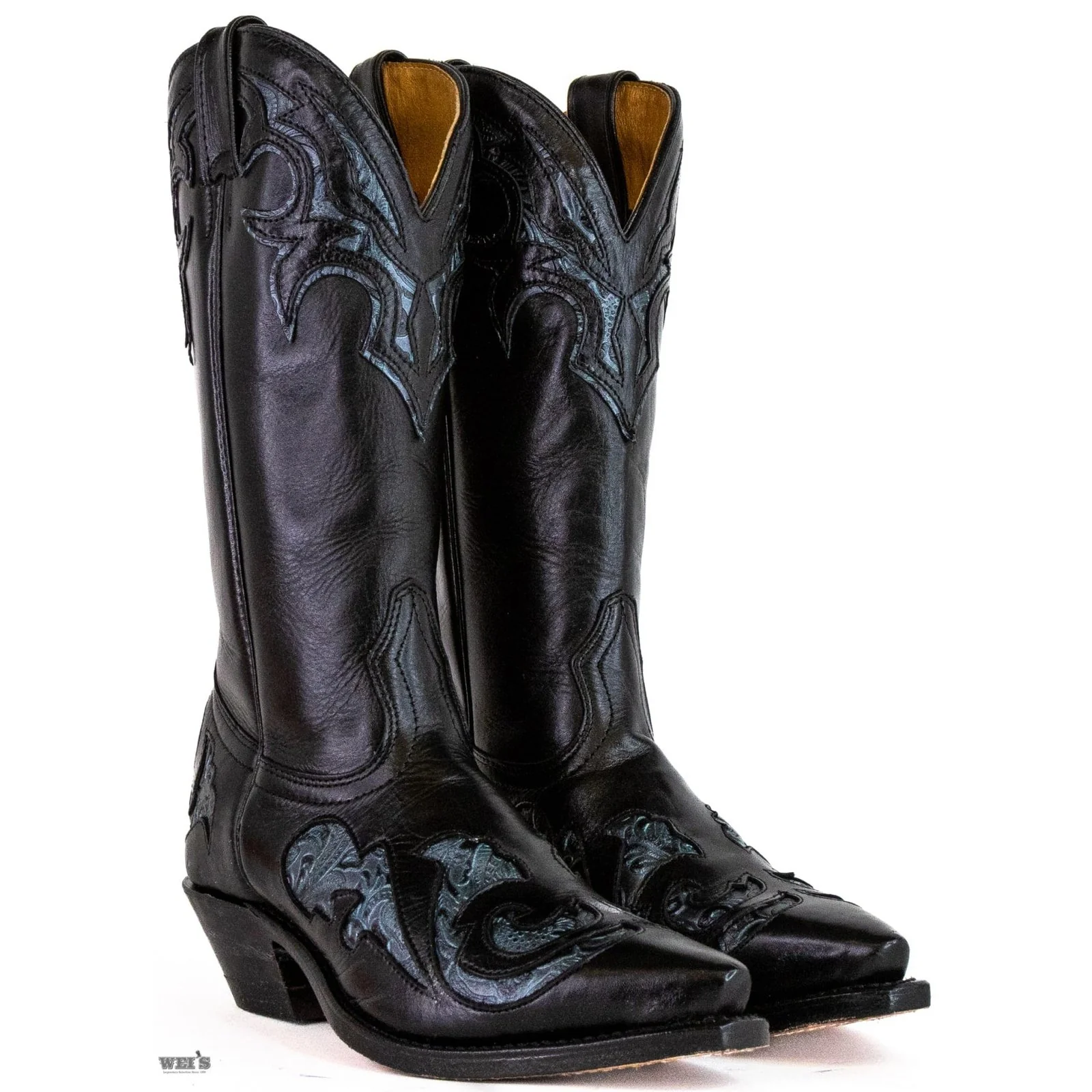 Boulet Women's Cowgirl Boots 11" Cowhide Teal Inlay Snip Toe Cowboy Heel -Clearance