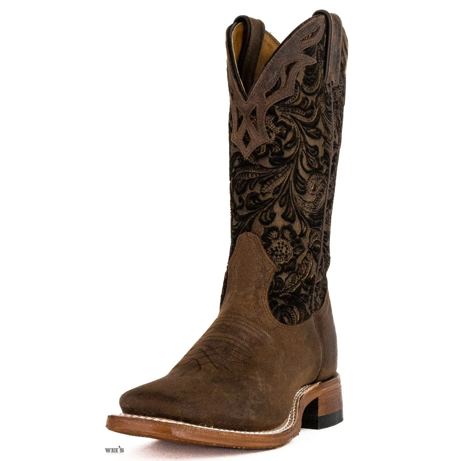 Boulet Women's Cowgirl Boots 11" Oiled Cowhide Embossed Nubuck Roper Heel Wide Square Toe - Image 6