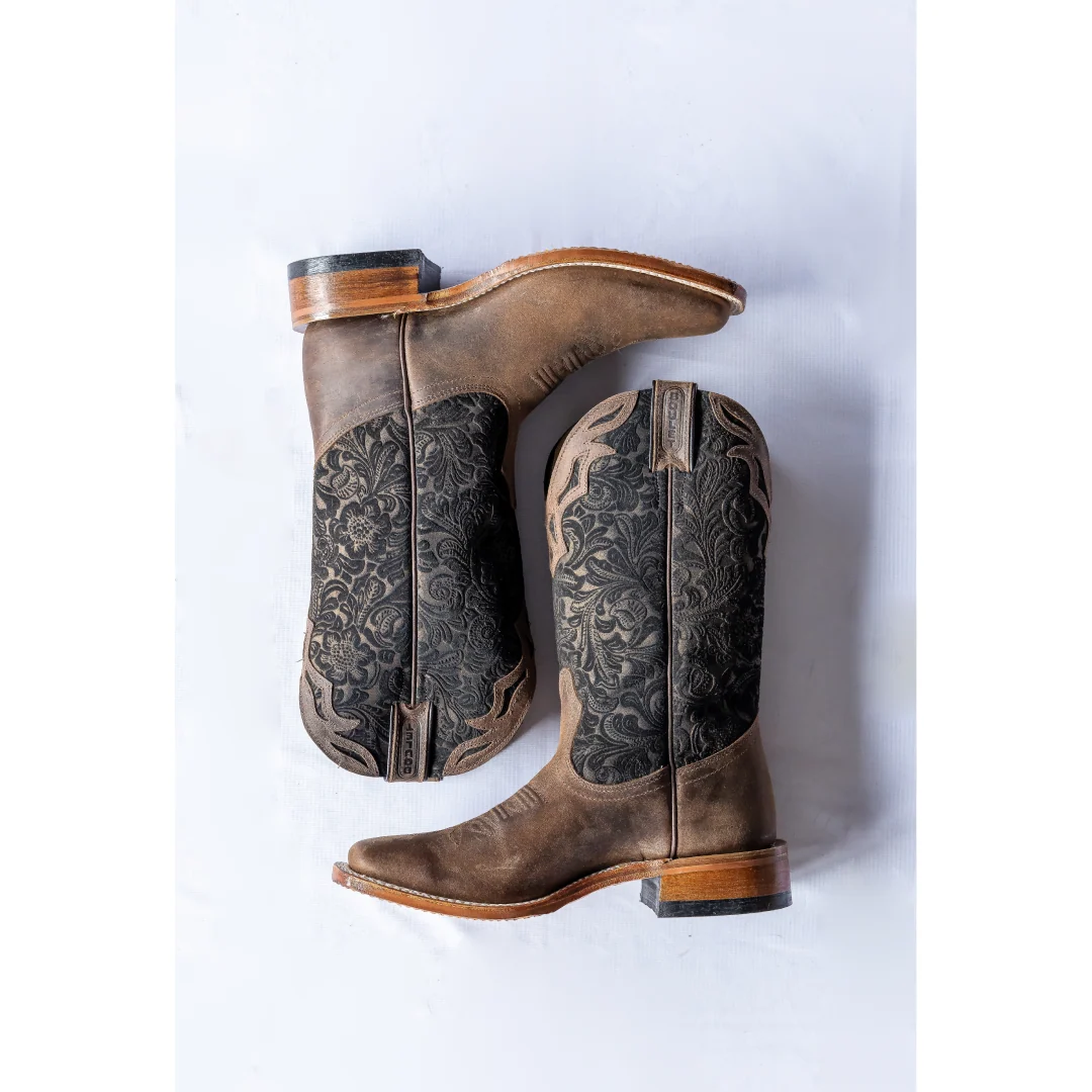 Boulet Women's Cowgirl Boots 11" Oiled Cowhide Embossed Nubuck Roper Heel Wide Square Toe - Image 9