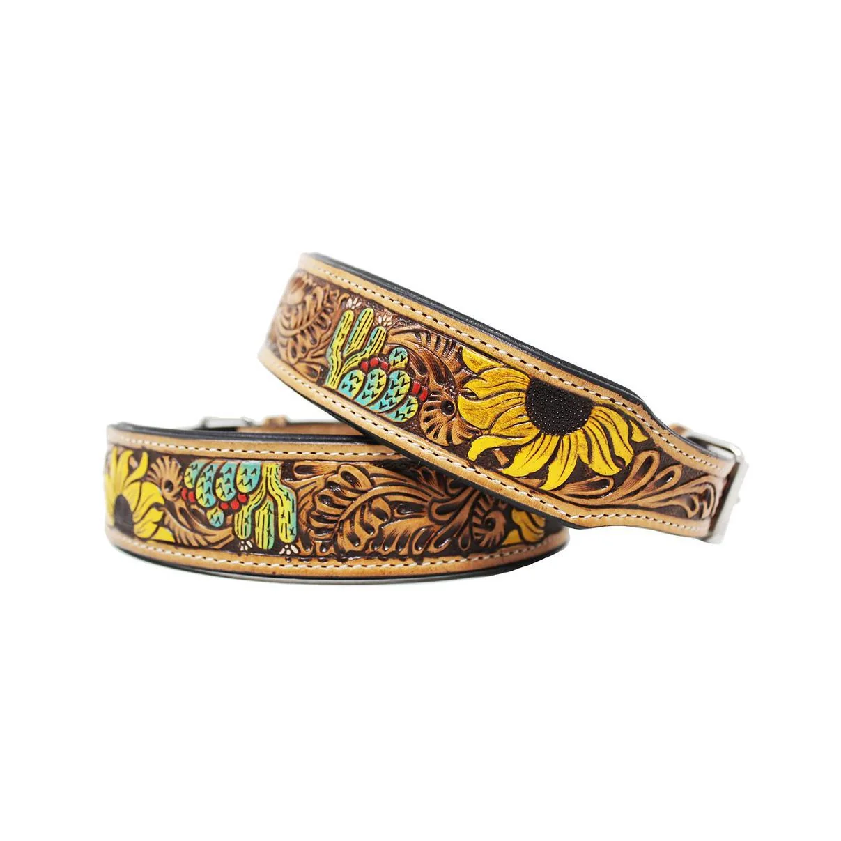 Challenger Dog's 100% Cow leather Amish Padded Leather Hand Crafted Tooled Collar Cactus - Image 2