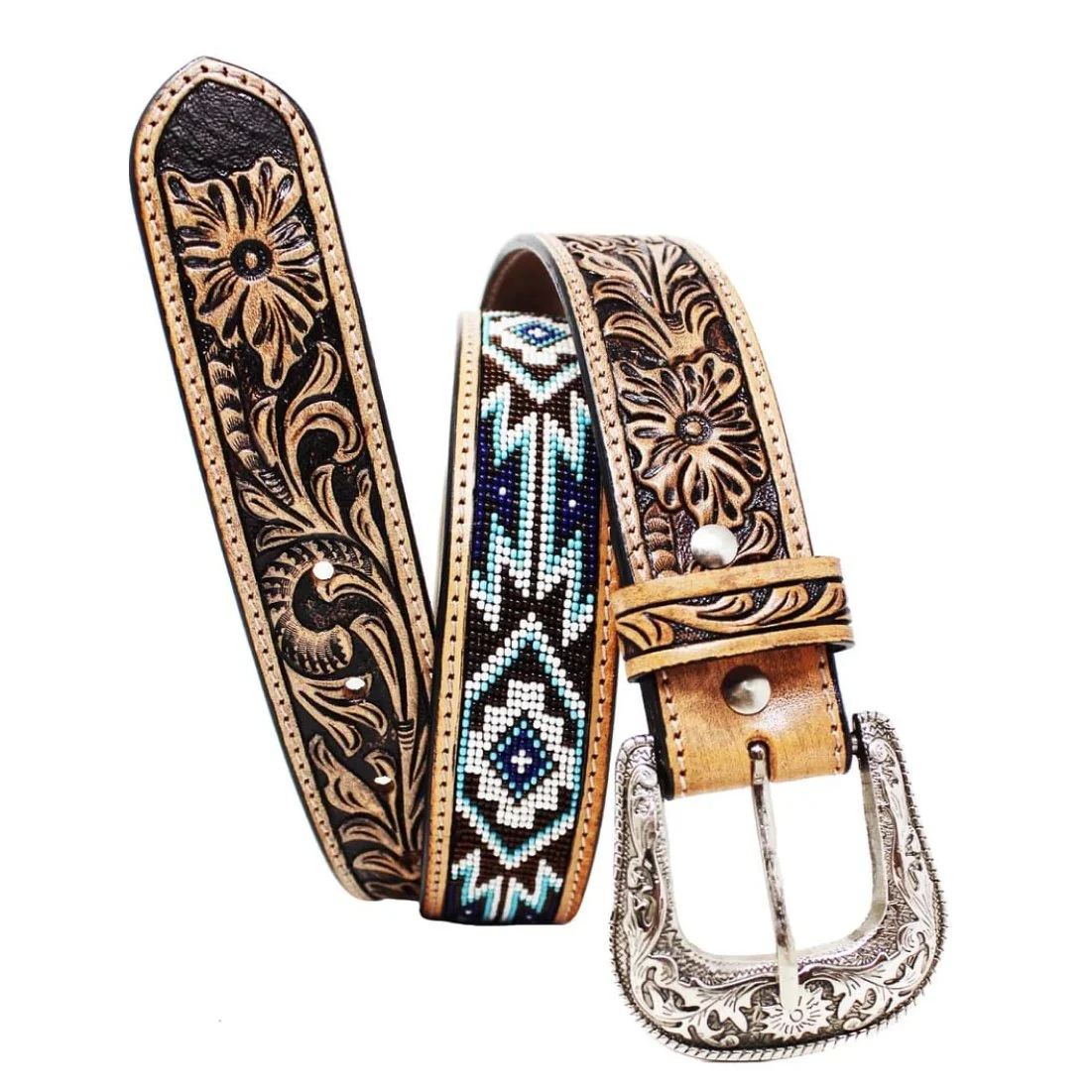 Challenger Men’s Belt Leather Tooled Floral Design Bead Inlay 26FK33 - Image 3