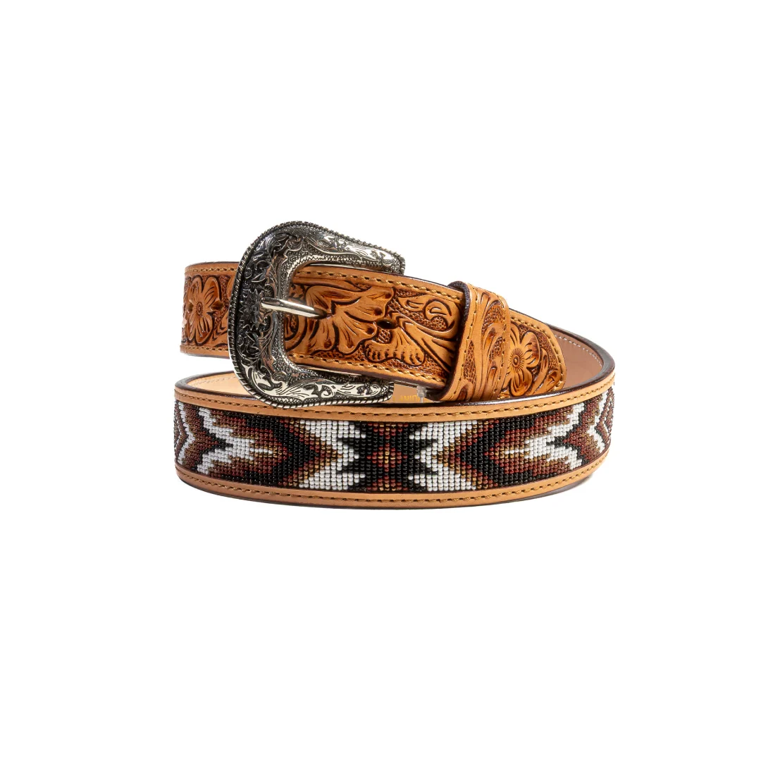 Challenger Western Belt 1-1/2 Tooled Beaded Inlay Leather Belt - Image 3