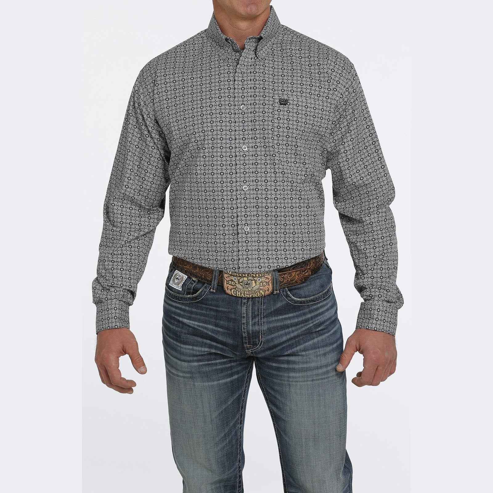 Cinch Men’s Medallion Print Button Down Western Shirt- Gray/ Navy
