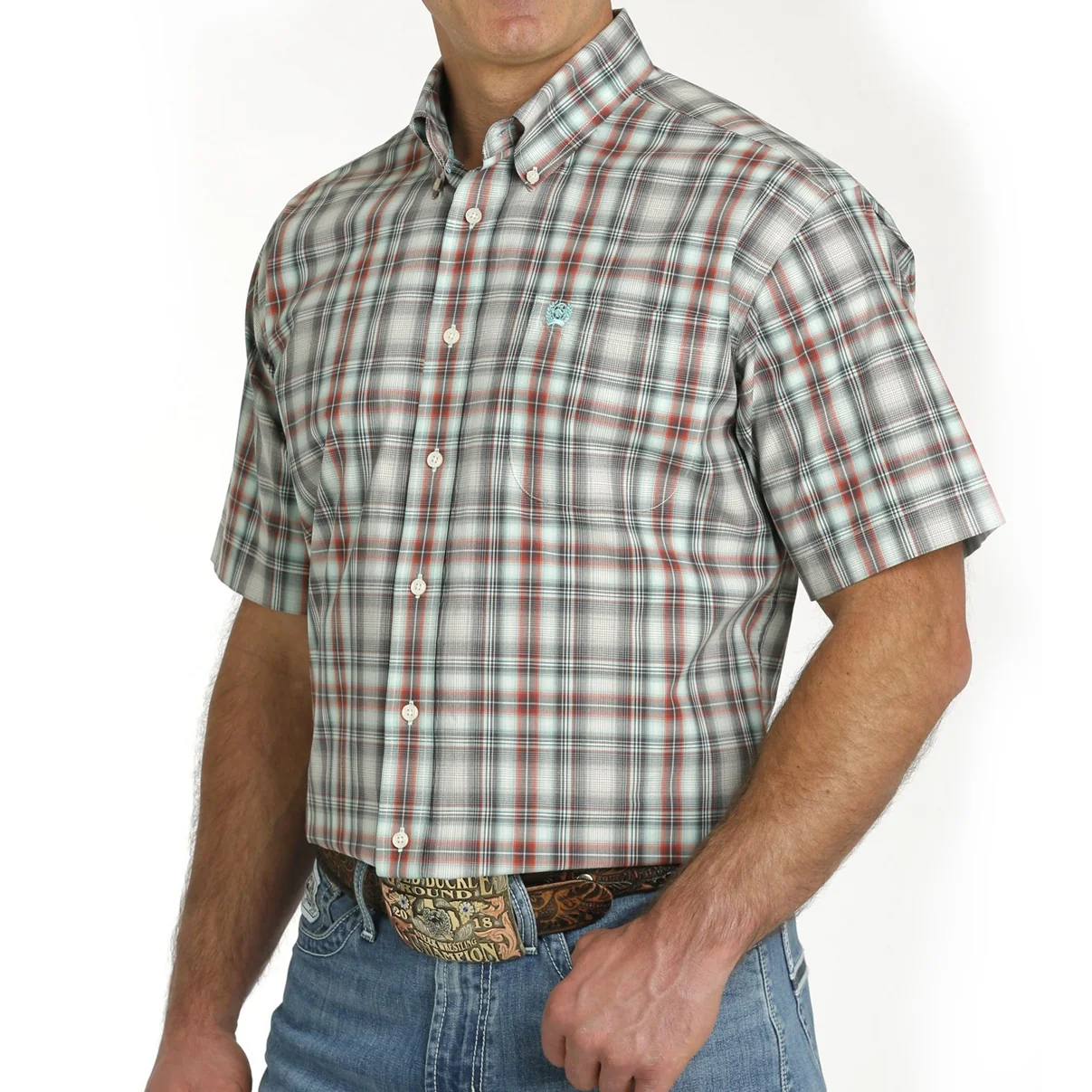 Cinch Men's Plaid Button Down Shirt Western Charcoal/Red/Cream - Image 2