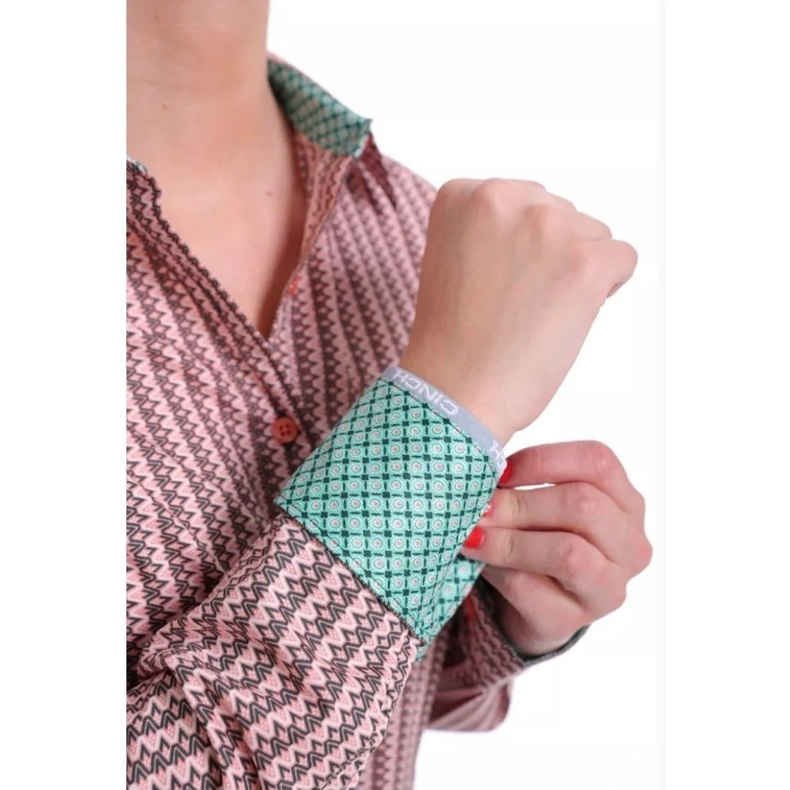 Cinch Women’s Western Shirt Long Sleeve Green/Coral Geometric- Clearance - Image 4