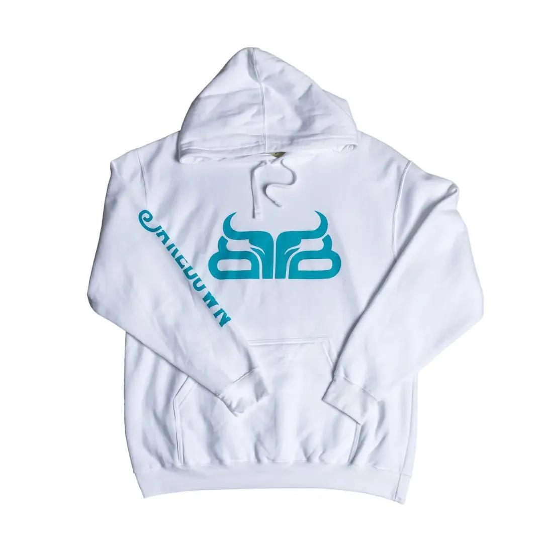 Baredown Brand Unisex Hoodie White/Teal Cow Poke - Image 9