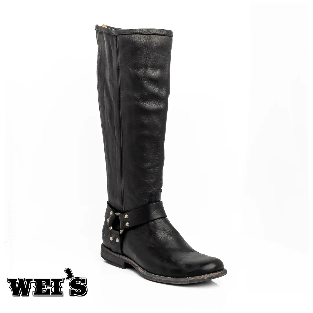 Frye Women's 15" Tall Zip-Up Harness Boots In Black Leather - Clearance