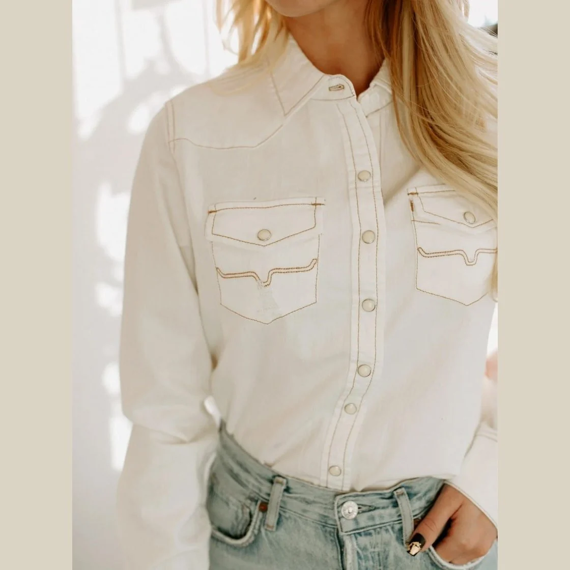 Kimes Ranch Women’s Shirt Denim Kaycee Winter White Snaps