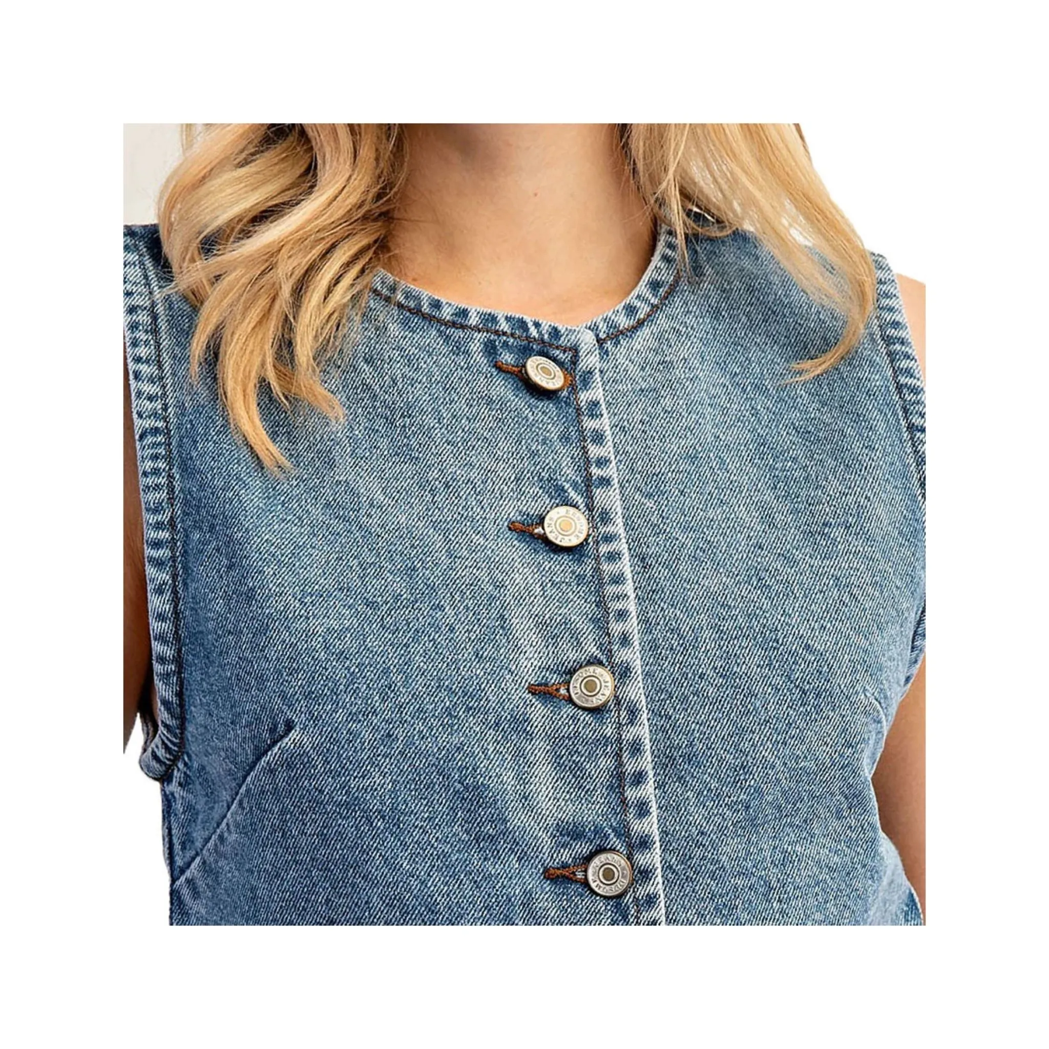 LALA LOO Western Denim Button Front Slit Sleeveless Vest LL790248-P604 - Image 2