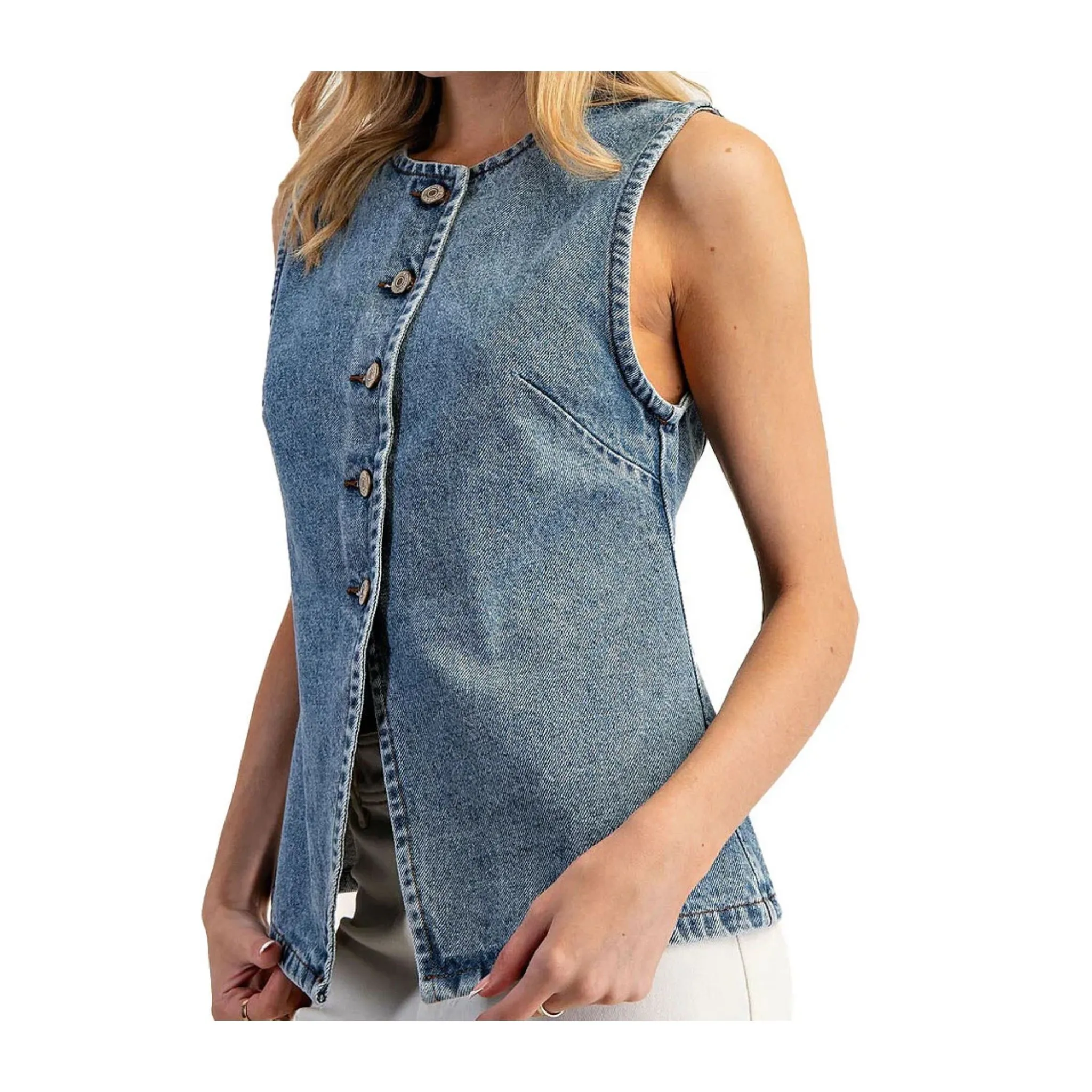LALA LOO Western Denim Button Front Slit Sleeveless Vest LL790248-P604 - Image 3