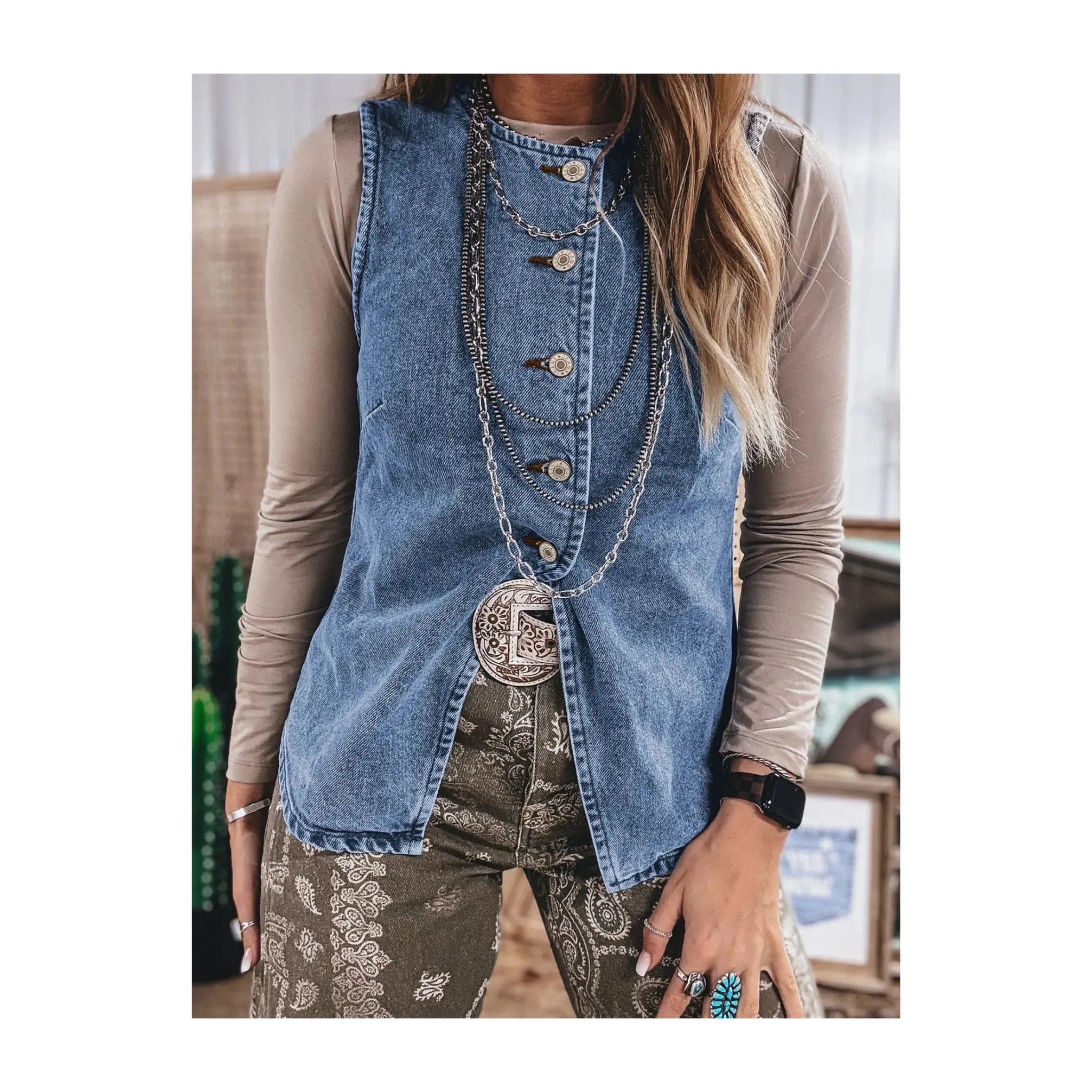 LALA LOO Western Denim Button Front Slit Sleeveless Vest LL790248-P604 - Image 6