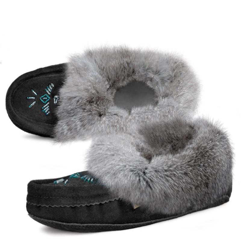 Laurentian Chief Women's Orlon Beaded Slipper With Fur Trim And Padded Sole