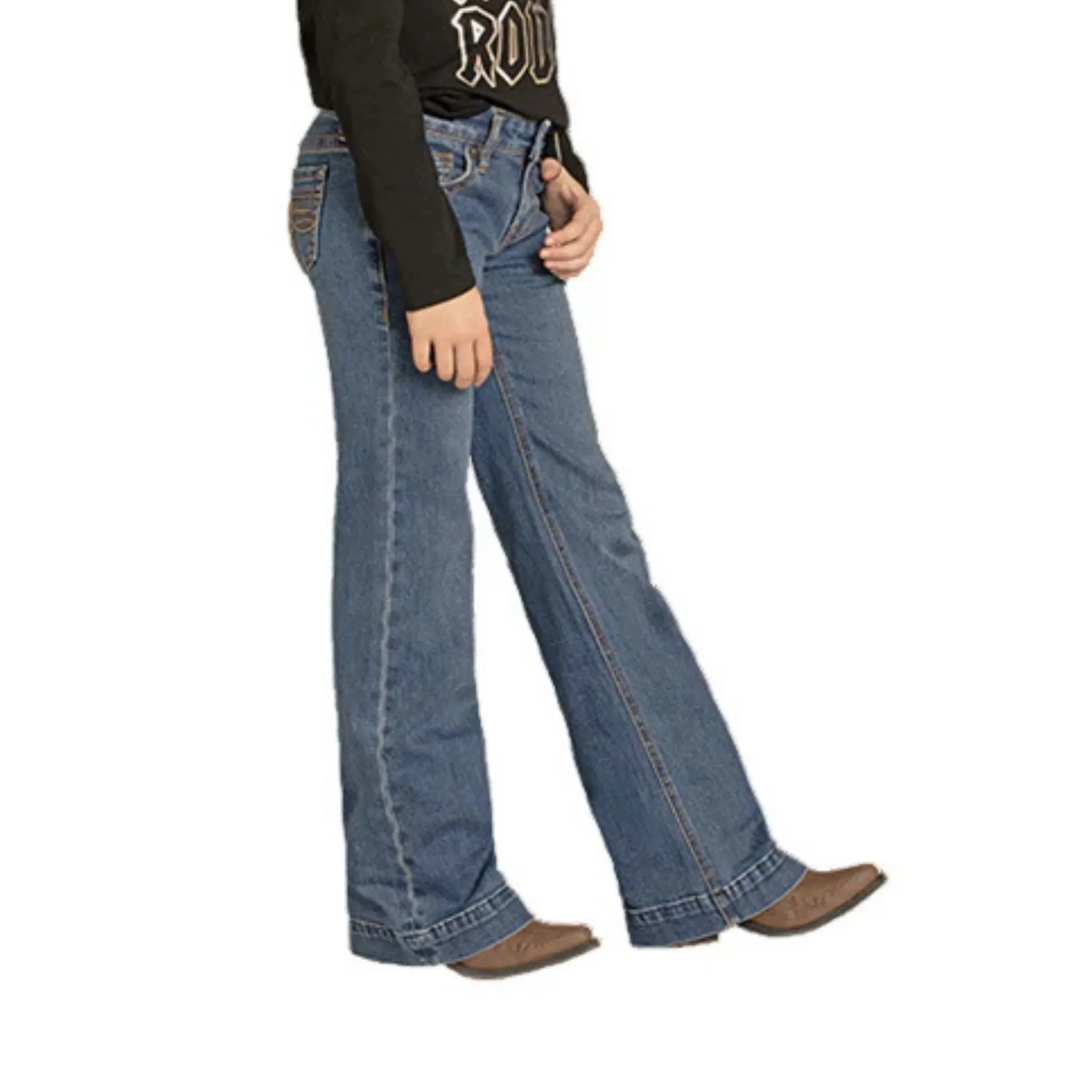 Rock & Roll Girl's Medium Wash Boot Stitch Raised Emblem Trouser Jeans - Image 4