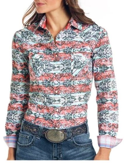 Panhandle Women’s Shirt Long Sleeve Snaps Coral Print - Image 22