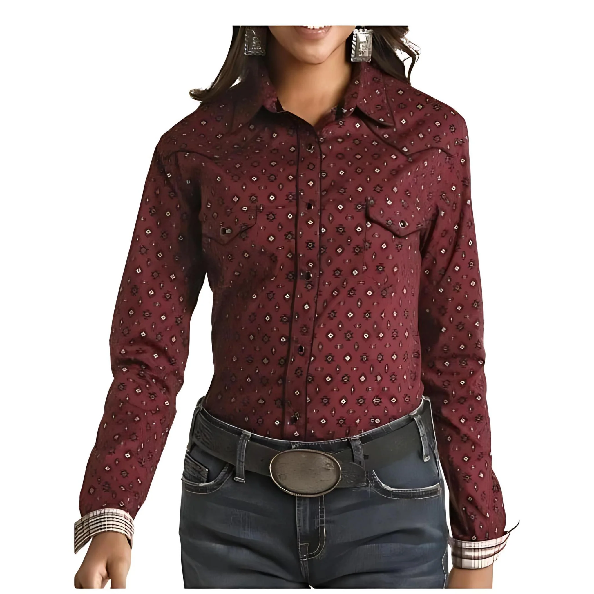 Panhandle Women’s Shirt Long Sleeve Snap Maroon Aztec - Image 6