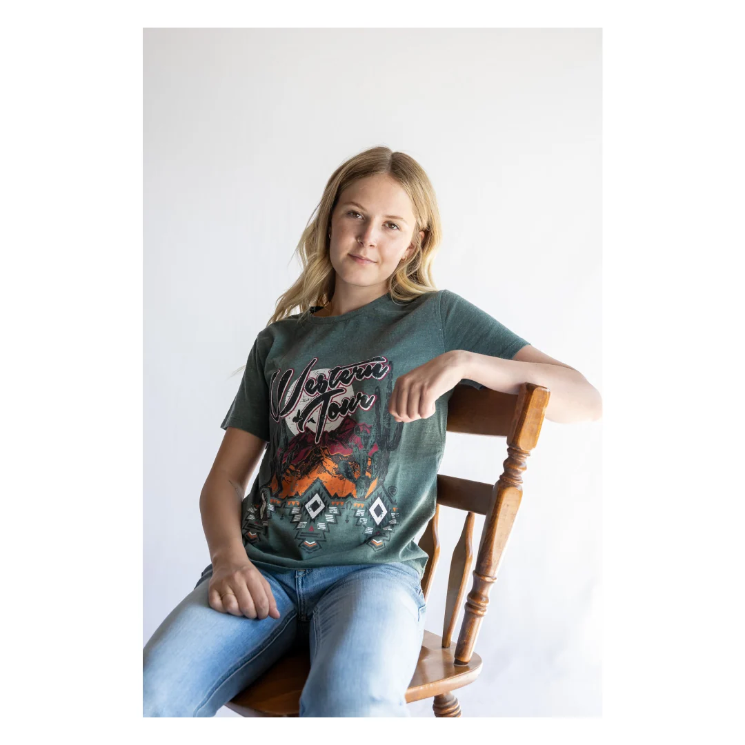 Rock & Roll Denim Women's Teal Western Tour Graphic T-Shirt - CLEARANCE