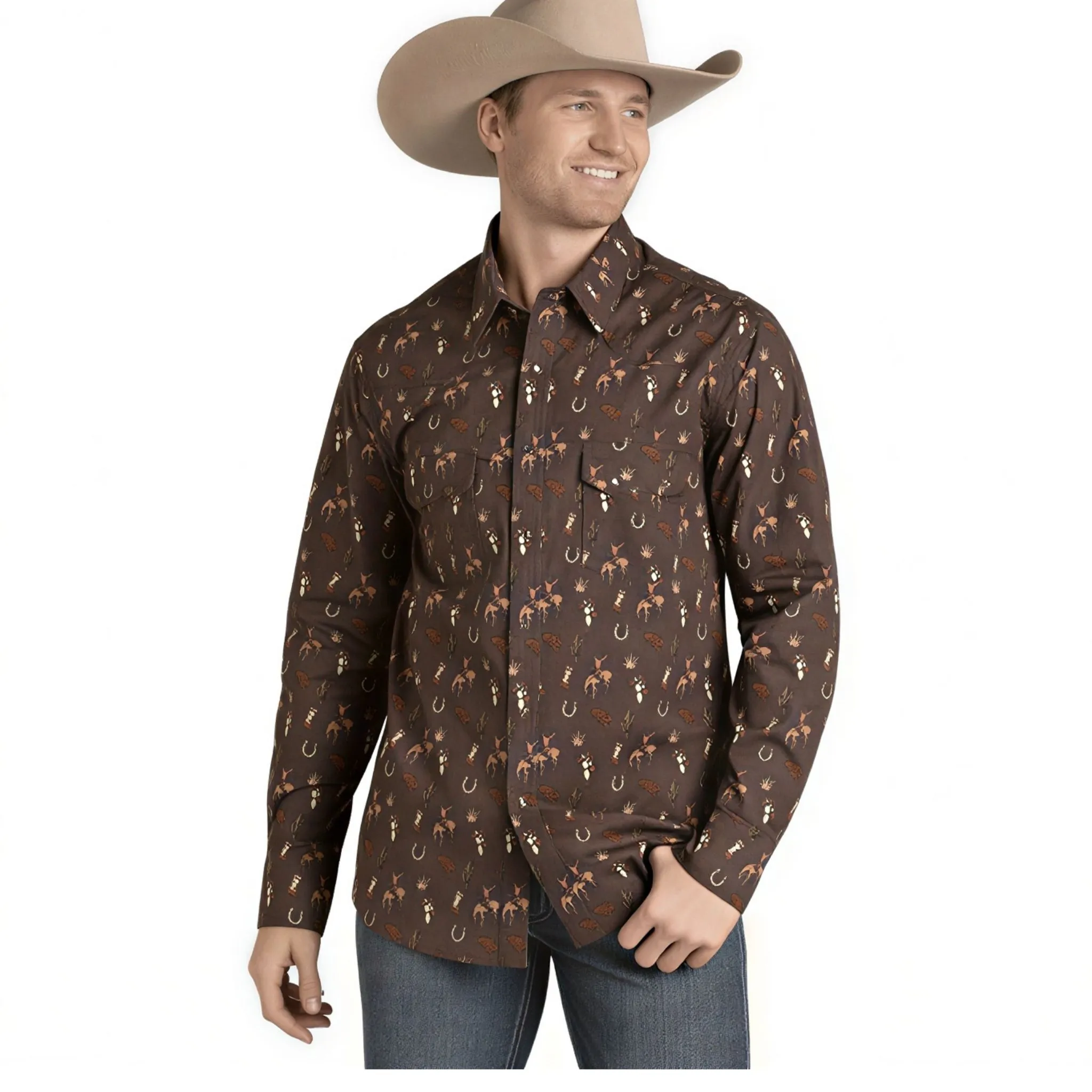 Rock & Roll Men's Print Long Sleeve Snap Up Shirt - Dark Brown