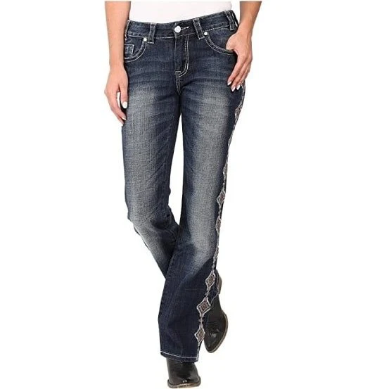 Rock & Roll Women’s Jeans Mid Rise Boot Cut Aztec Side Seam Design - Image 3