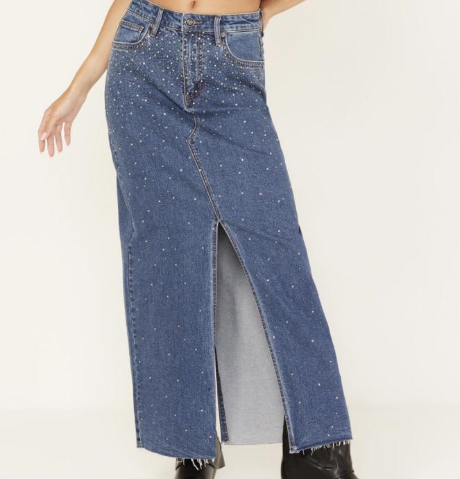 Rock&Roll Women's Denim Medium Wash Rhinestone Studded Maxi Skirt