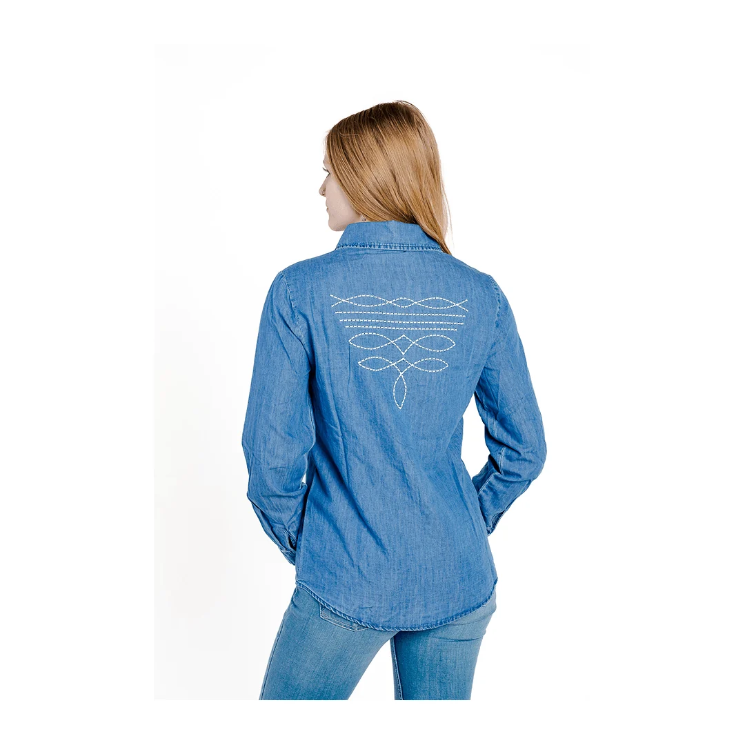 Rockin A Design Women's Boot Stitch Denim Pearl Snap Shirt - Image 2