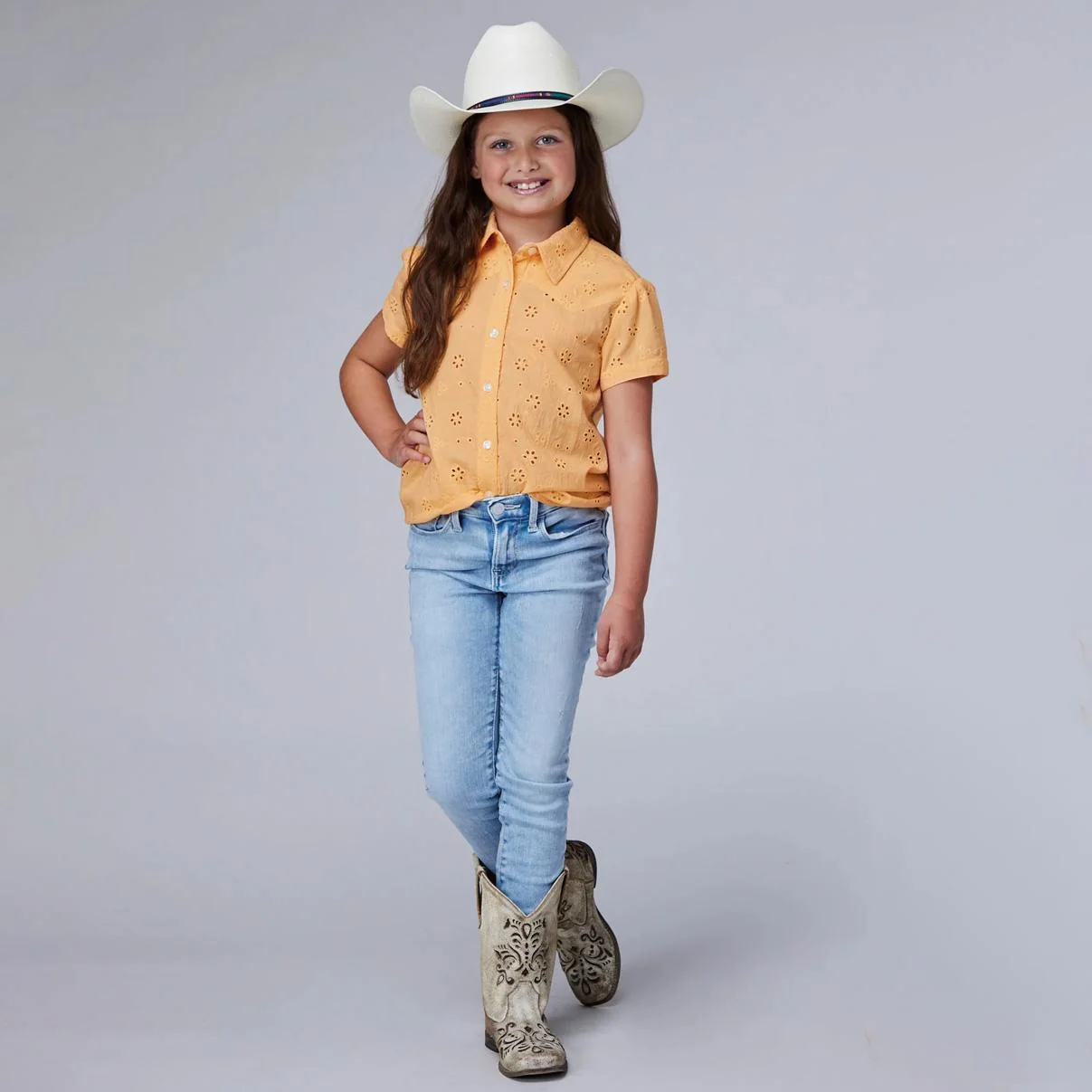 Roper Girl's Short Sleeve Button Eyelet Western Blouse with 1PT Front and Back Yokes - CLEARANCE - Image 2