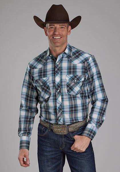 Roper Men's Western Snap Long Sleeve Shirt Navy/Teal/White - Image 3
