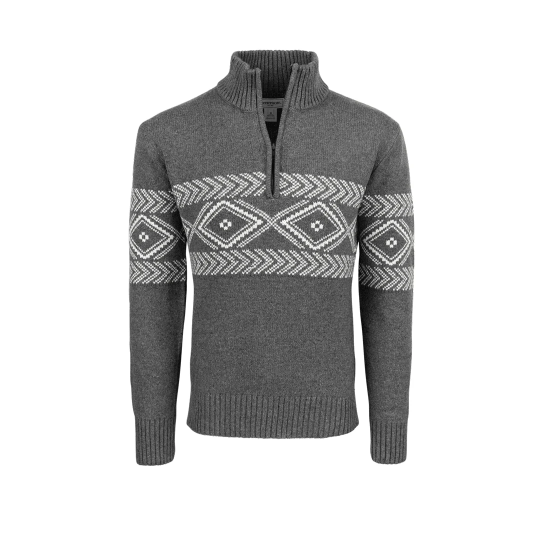 Stetson Mens 3/4 Zip Light Grey Horizonal Aztec Patterned Knit Sweater - Image 5