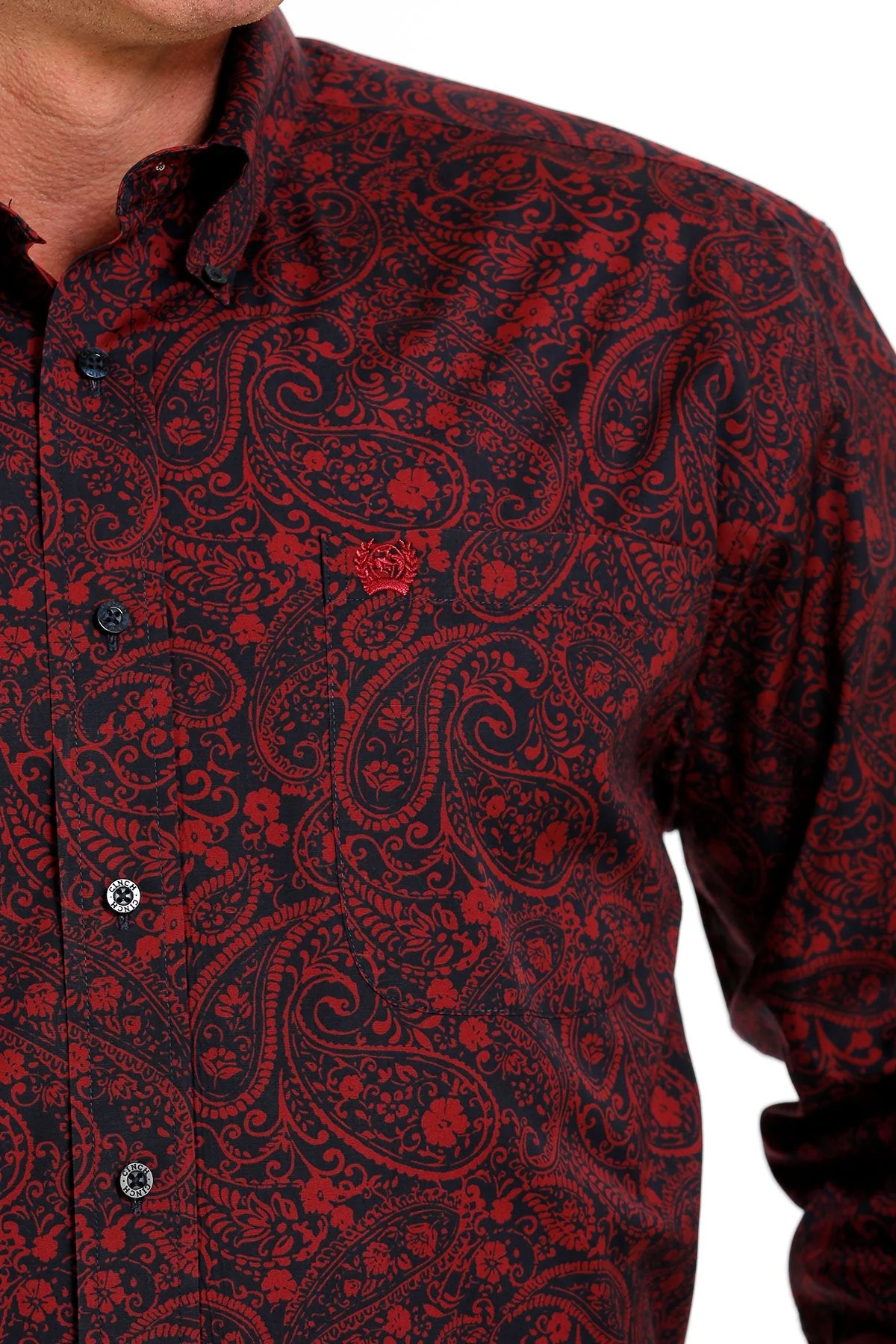 Cinch Men’s Western Shirt Red Paisley Button Down Navy/Red - Image 3
