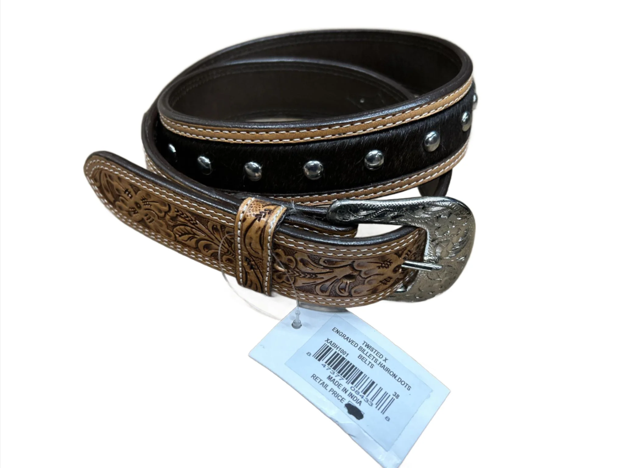 Western Fashion Accessories Twisted X Men's Engraved Hair On Belt With Studs