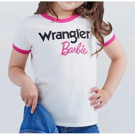 Wrangler Barbie Girl’s Logo Ringer Tee In White/Pink-CLEARANCE