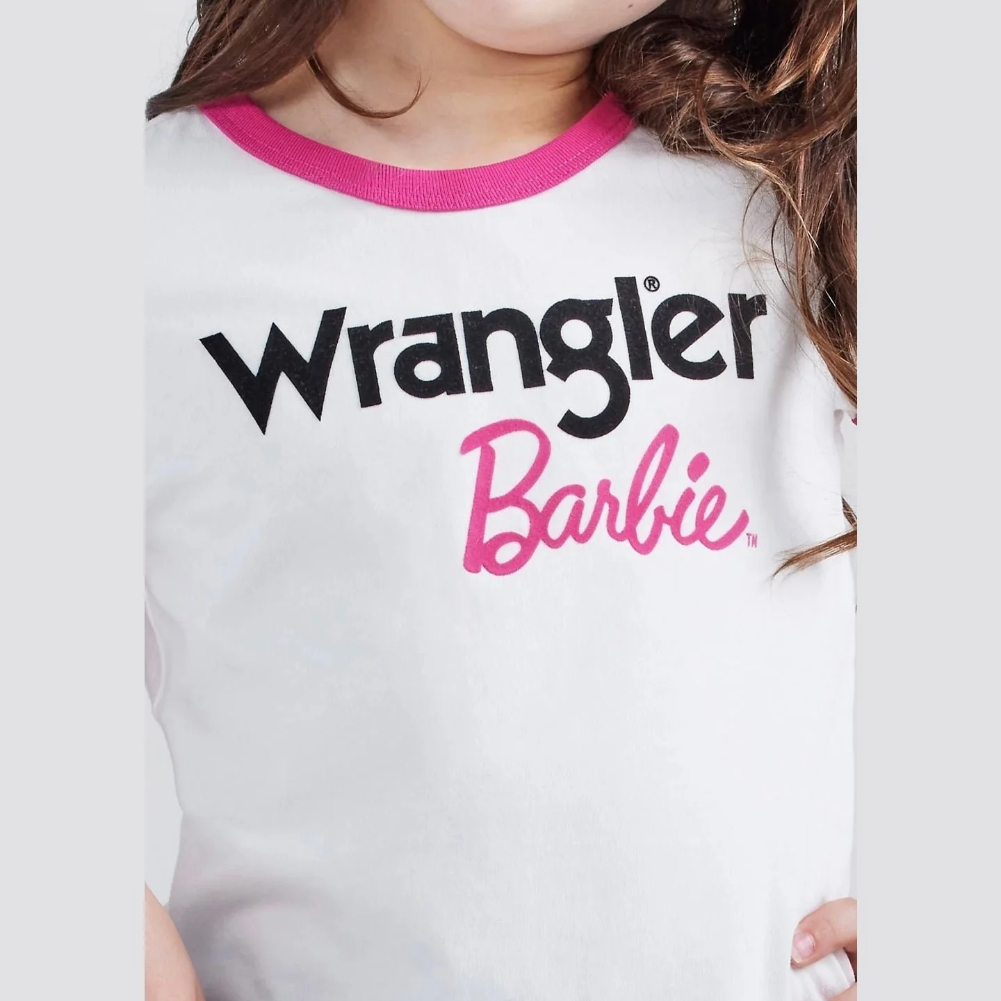 Wrangler Barbie Girl’s Logo Ringer Tee In White/Pink-CLEARANCE - Image 3