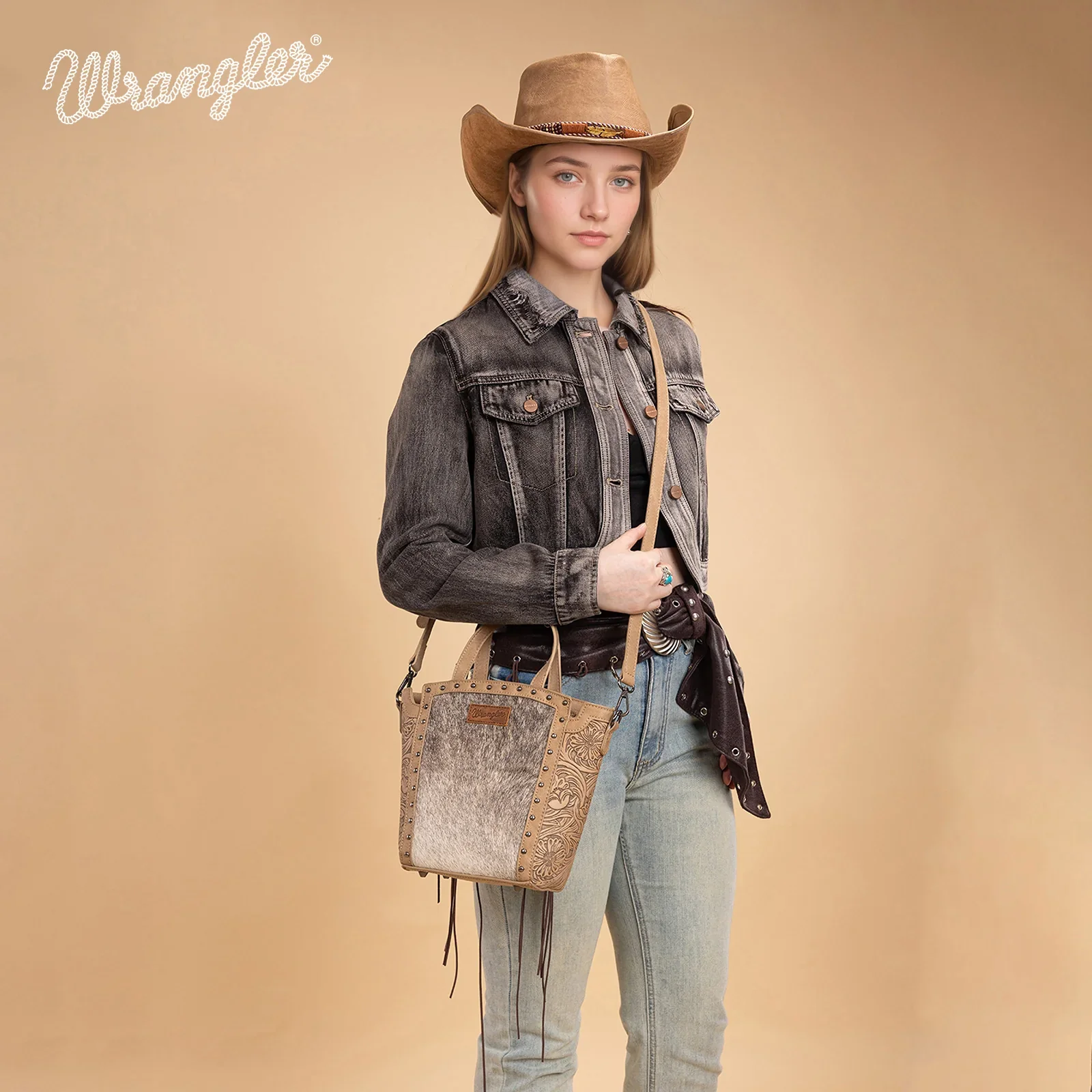 Wrangler Genuine Hair-On Cowhide Tote/Crossbody - Tan - Image 2
