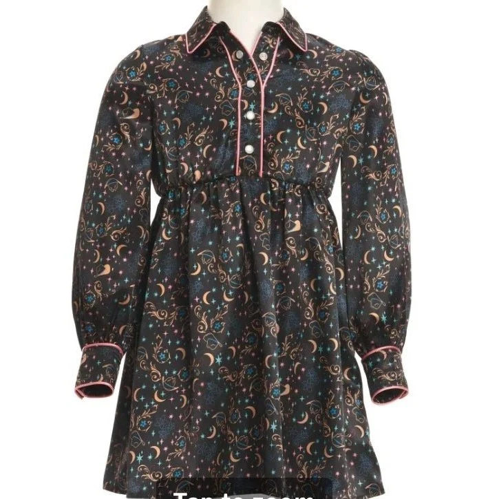 Wrangler Girl’s Black Shimmer Moon, Stars Long Sleeve Western Dress- CLEARANCE