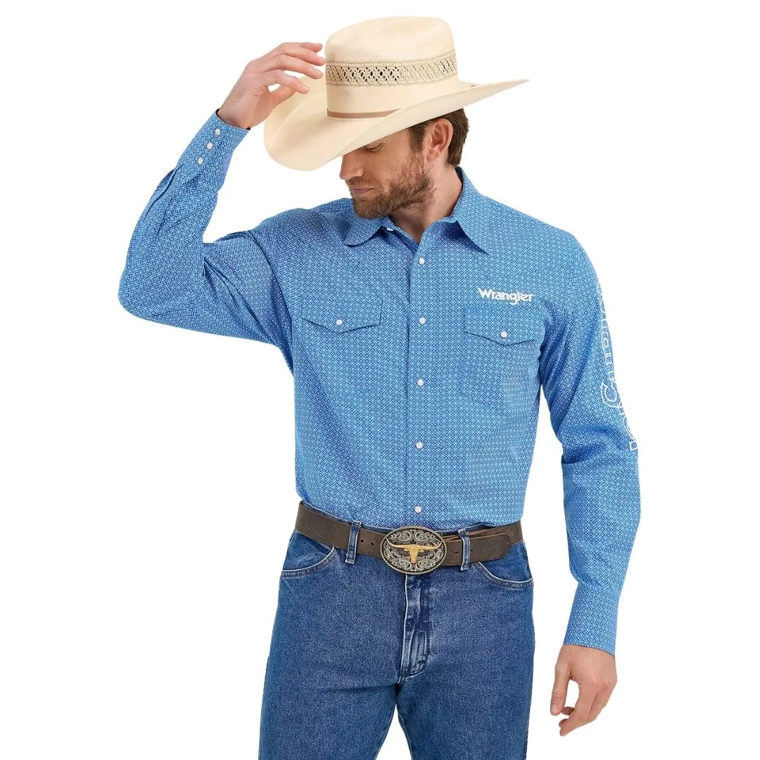 Wrangler Men's Logo Long Sleeve Shirt - Classic Fit Blue Snaps