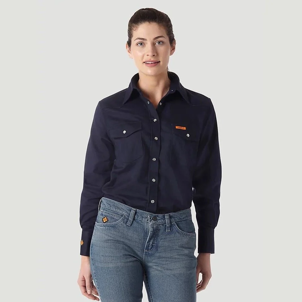 Wrangler Women’s Work Flame Resistant Long Sleeve Snap In Navy